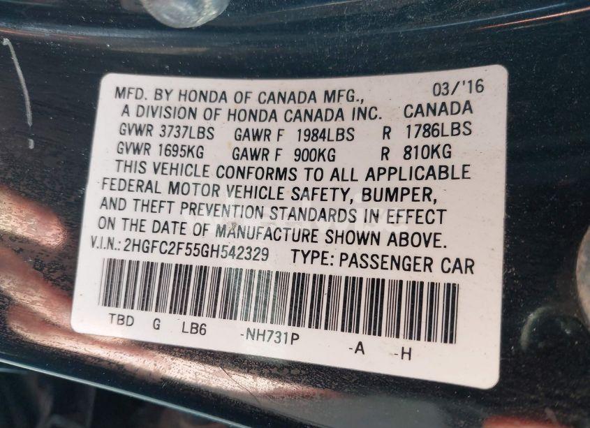 Photo 9 of 2016 Honda Civic LX (VIN 2HGFC2F55GH542329)