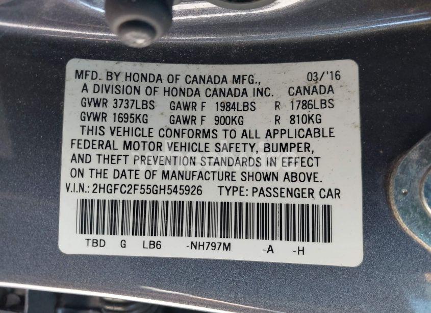 Photo 9 of 2016 Honda Civic LX (VIN 2HGFC2F55GH545926)