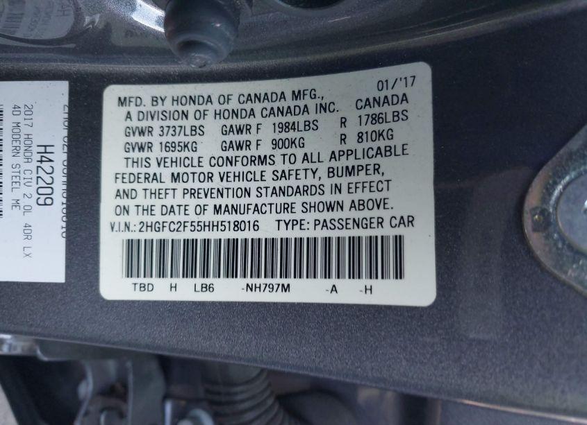 Photo 9 of 2017 Honda Civic LX (VIN 2HGFC2F55HH518016)