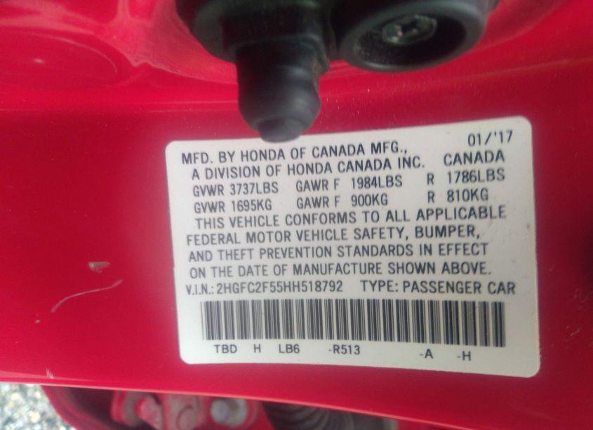 Photo 9 of 2017 Honda Civic LX (VIN 2HGFC2F55HH518792)