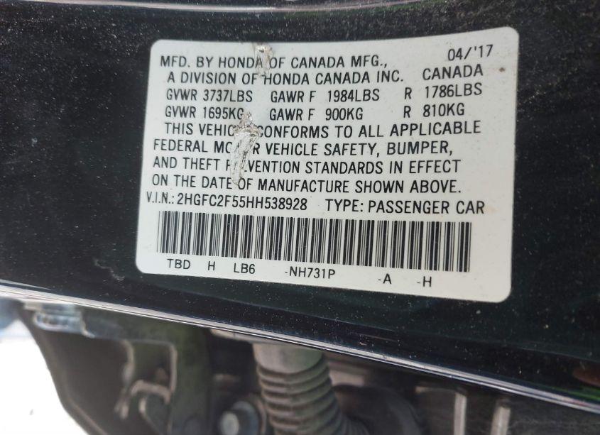 Photo 9 of 2017 Honda Civic LX (VIN 2HGFC2F55HH538928)