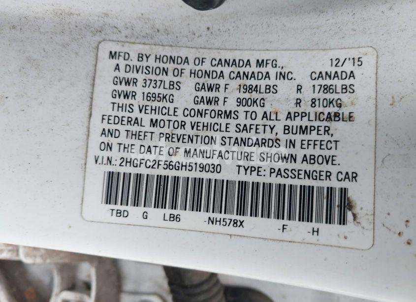 Photo 9 of 2016 Honda Civic LX (VIN 2HGFC2F56GH519030)