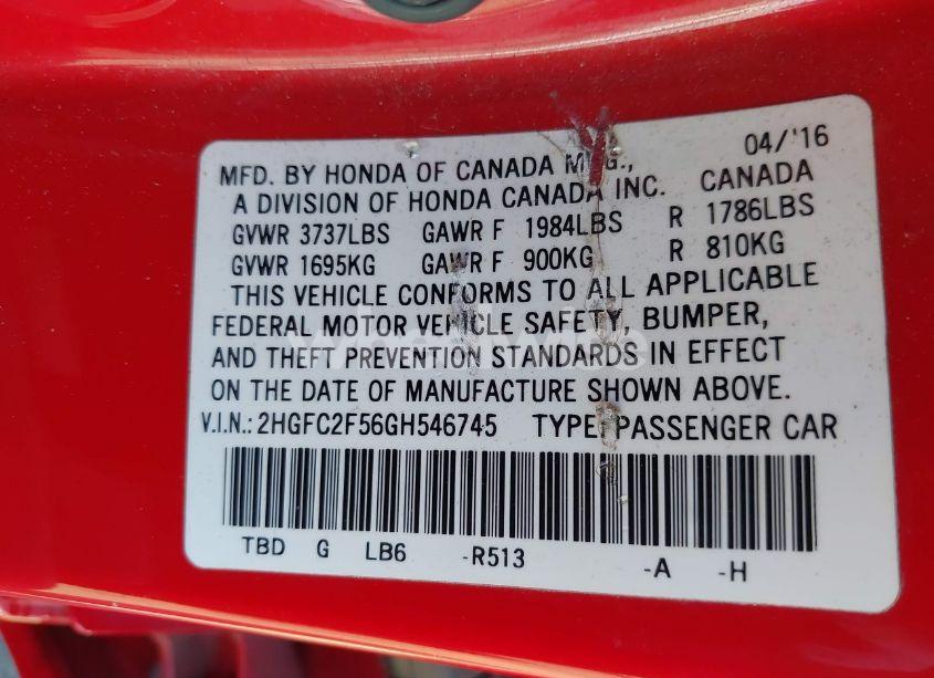 Photo 9 of 2016 Honda Civic LX (VIN 2HGFC2F56GH546745)