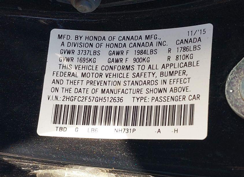 Photo 9 of 2016 Honda Civic LX (VIN 2HGFC2F57GH512636)