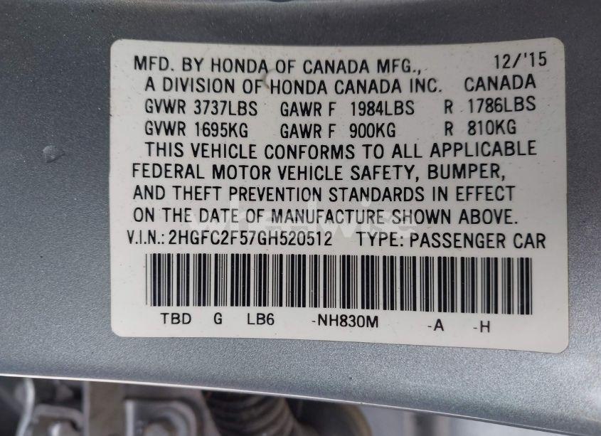 Photo 9 of 2016 Honda Civic LX (VIN 2HGFC2F57GH520512)