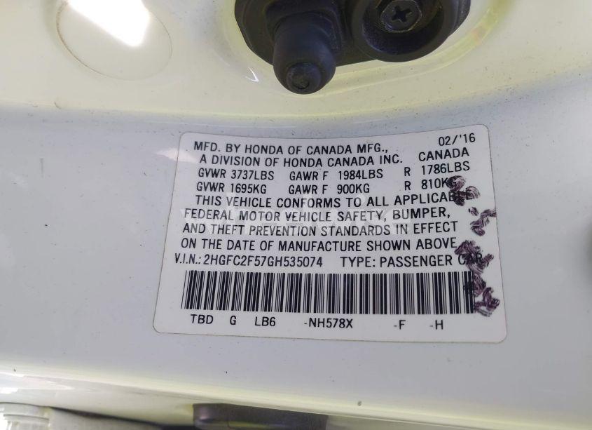Photo 9 of 2016 Honda Civic LX (VIN 2HGFC2F57GH535074)