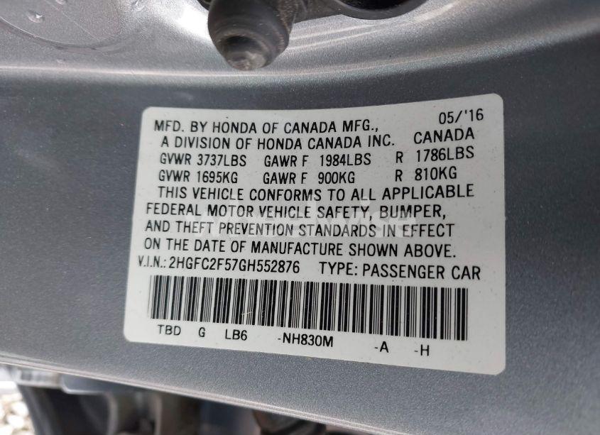 Photo 9 of 2016 Honda Civic LX (VIN 2HGFC2F57GH552876)