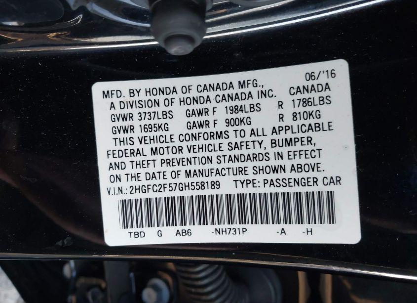 Photo 9 of 2016 Honda Civic LX (VIN 2HGFC2F57GH558189)