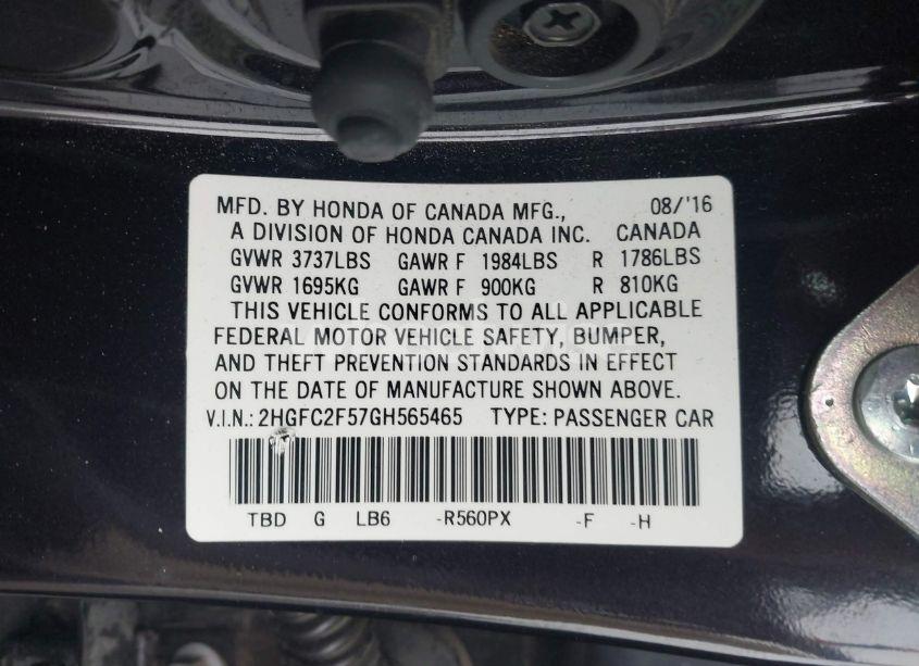 Photo 9 of 2016 Honda Civic LX (VIN 2HGFC2F57GH565465)