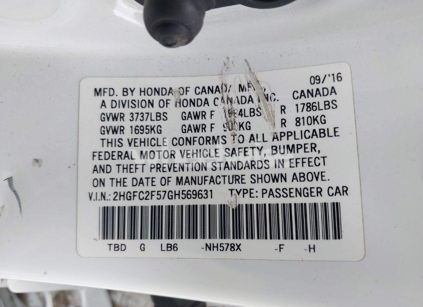 Photo 9 of 2016 Honda Civic LX (VIN 2HGFC2F57GH569631)