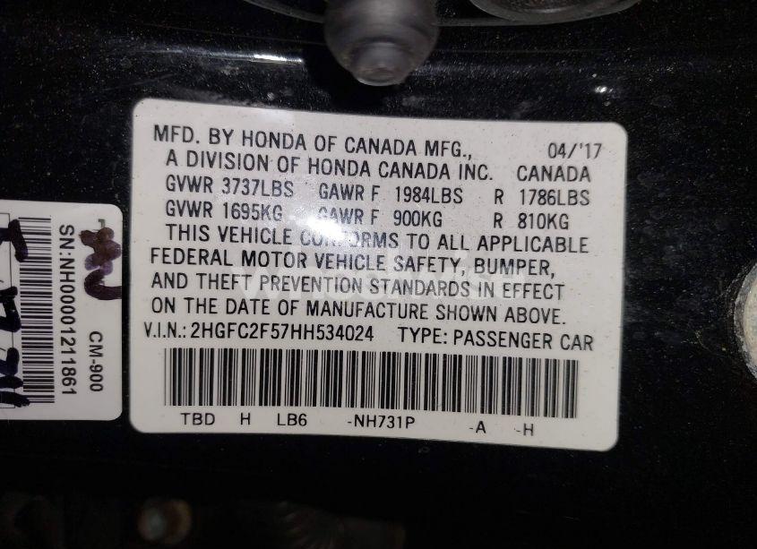 Photo 9 of 2017 Honda Civic LX (VIN 2HGFC2F57HH534024)