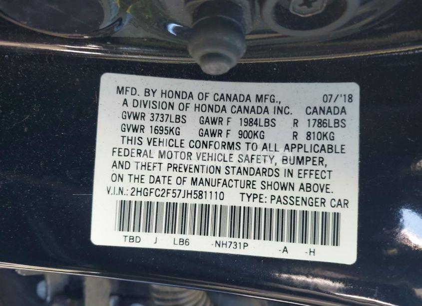 Photo 9 of 2018 Honda Civic LX (VIN 2HGFC2F57JH581110)