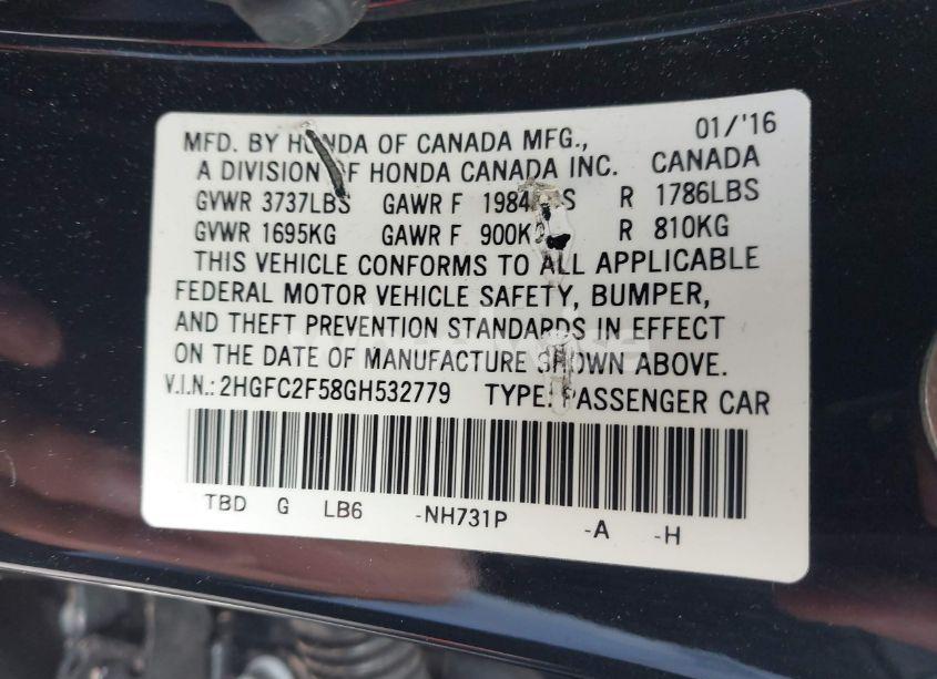 Photo 9 of 2016 Honda Civic LX (VIN 2HGFC2F58GH532779)