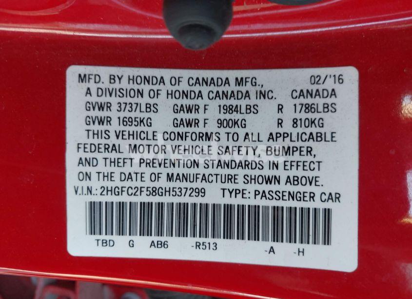 Photo 9 of 2016 Honda Civic LX (VIN 2HGFC2F58GH537299)