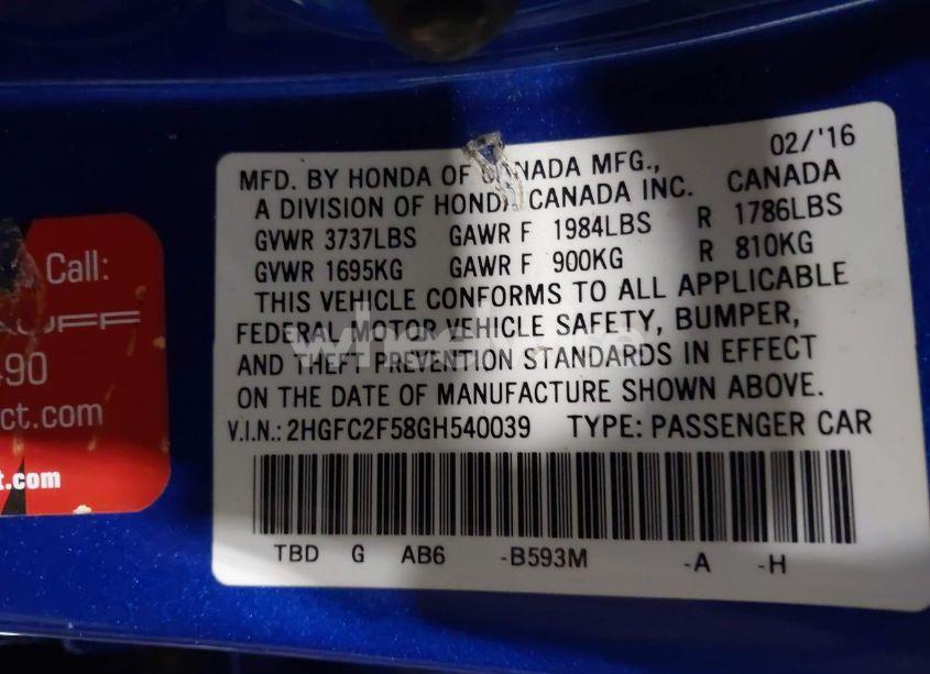 Photo 9 of 2016 Honda Civic LX (VIN 2HGFC2F58GH540039)