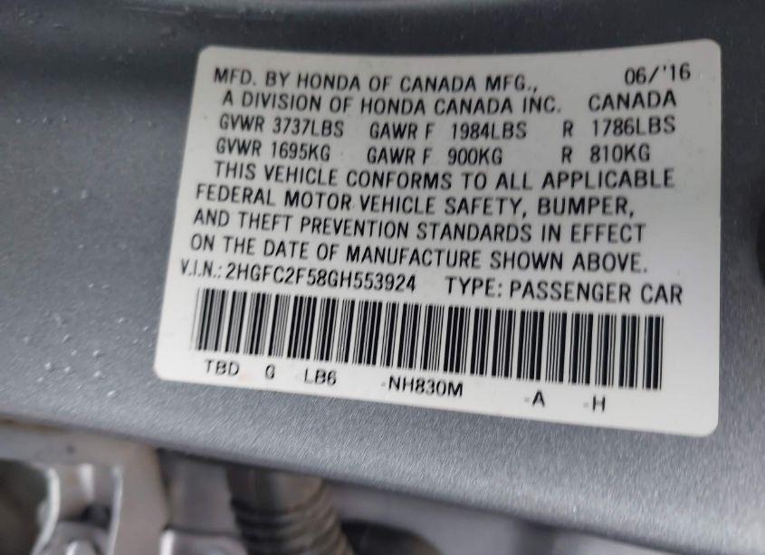 Photo 9 of 2016 Honda Civic LX (VIN 2HGFC2F58GH553924)