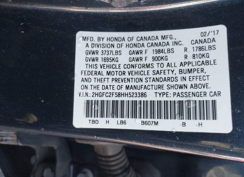 Photo 9 of 2017 Honda Civic LX (VIN 2HGFC2F58HH523386)