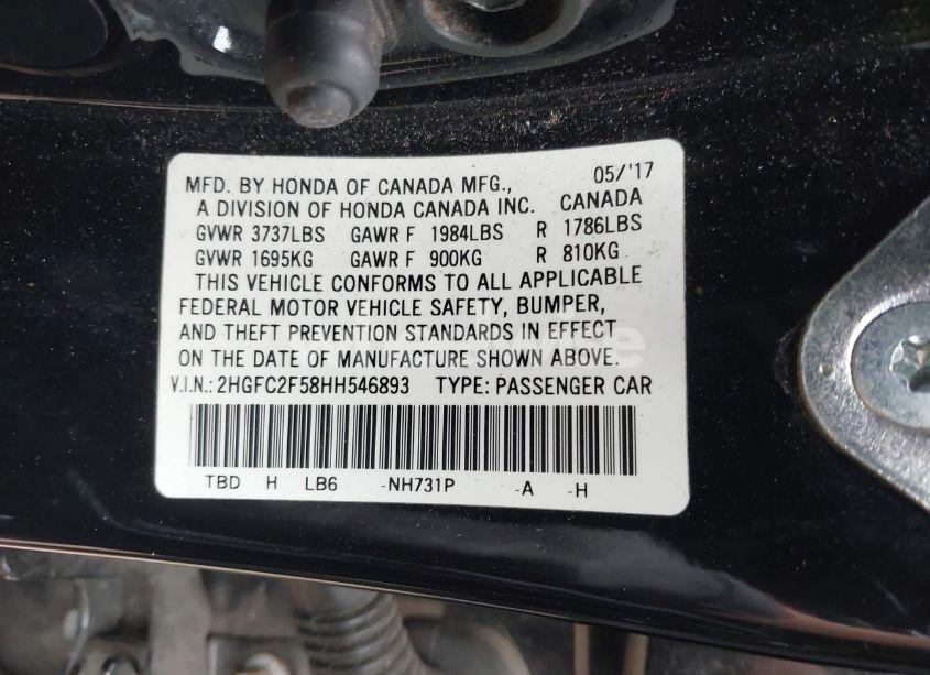 Photo 9 of 2017 Honda Civic LX (VIN 2HGFC2F58HH546893)