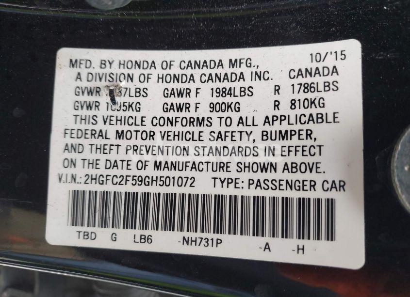 Photo 9 of 2016 Honda Civic LX (VIN 2HGFC2F59GH501072)