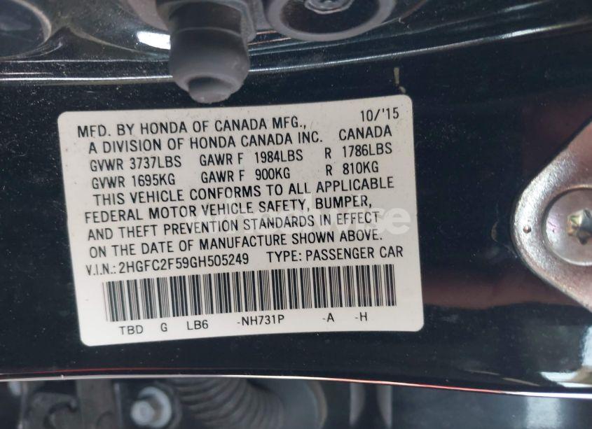 Photo 9 of 2016 Honda Civic LX (VIN 2HGFC2F59GH505249)