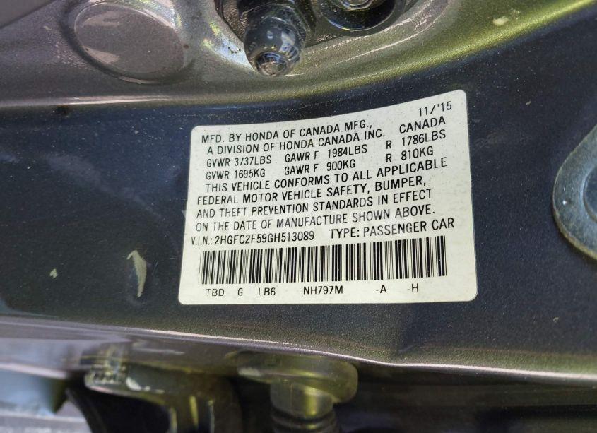 Photo 9 of 2016 Honda Civic LX (VIN 2HGFC2F59GH513089)