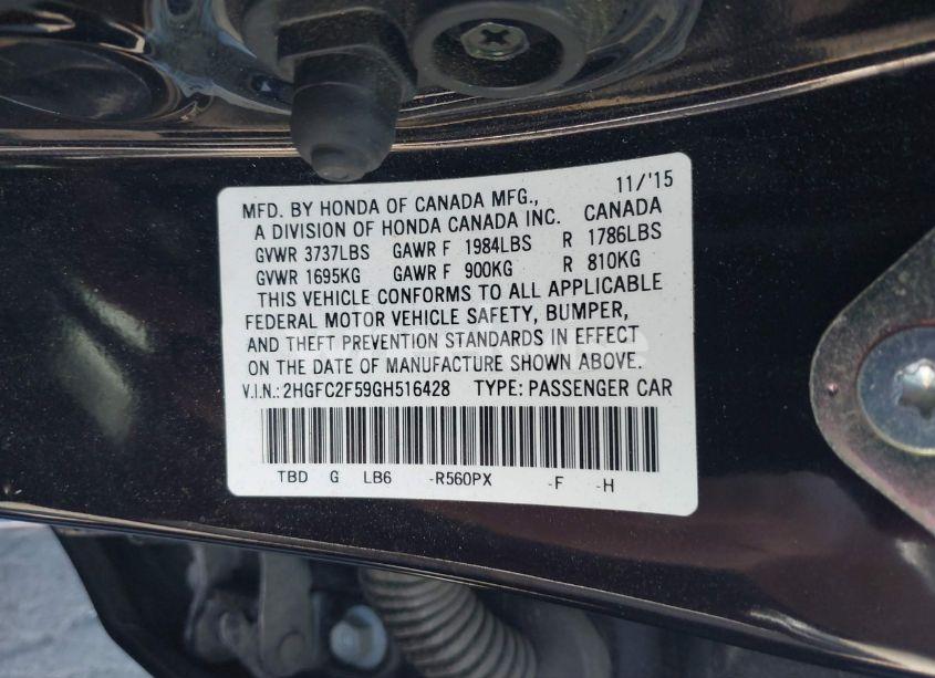 Photo 9 of 2016 Honda Civic LX (VIN 2HGFC2F59GH516428)