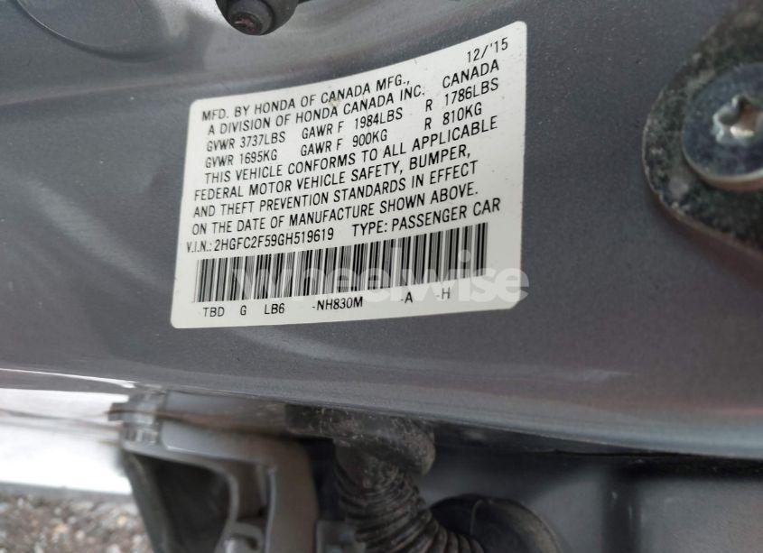 Photo 9 of 2016 Honda Civic LX (VIN 2HGFC2F59GH519619)