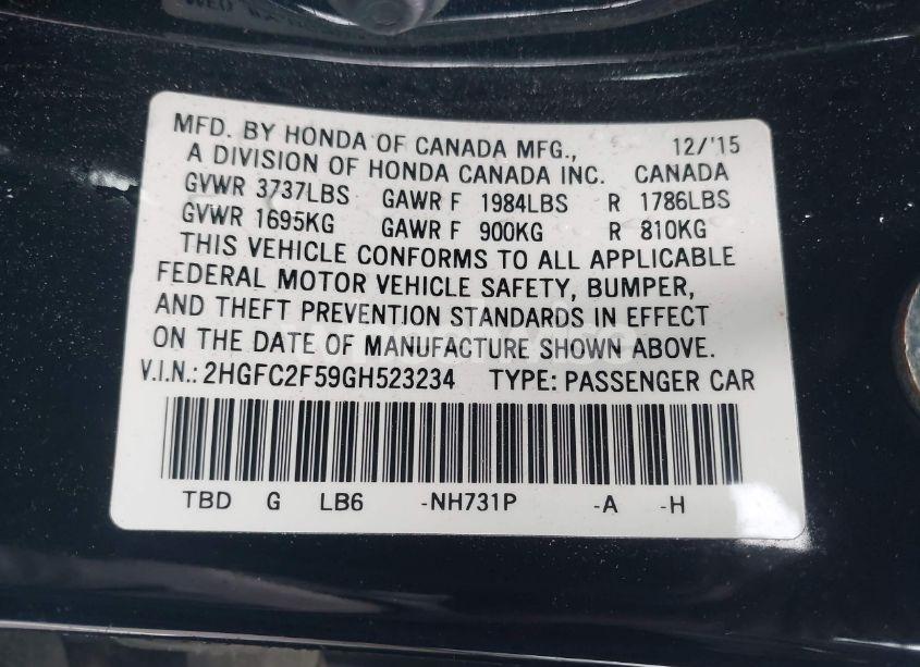 Photo 9 of 2016 Honda Civic LX (VIN 2HGFC2F59GH523234)