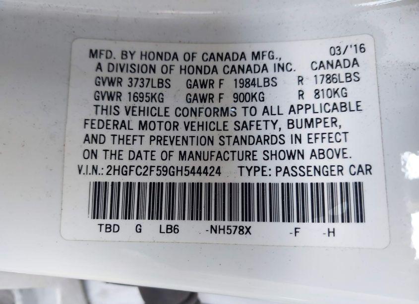 Photo 9 of 2016 Honda Civic LX (VIN 2HGFC2F59GH544424)