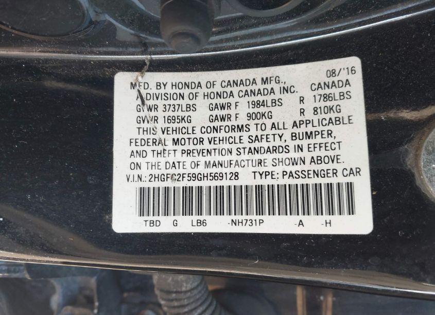 Photo 9 of 2016 Honda Civic LX (VIN 2HGFC2F59GH569128)