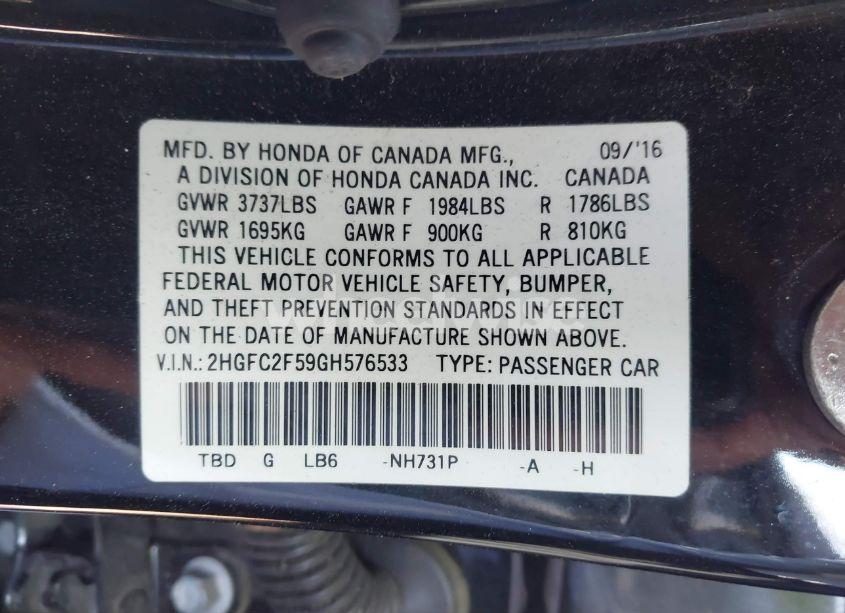 Photo 9 of 2016 Honda Civic LX (VIN 2HGFC2F59GH576533)