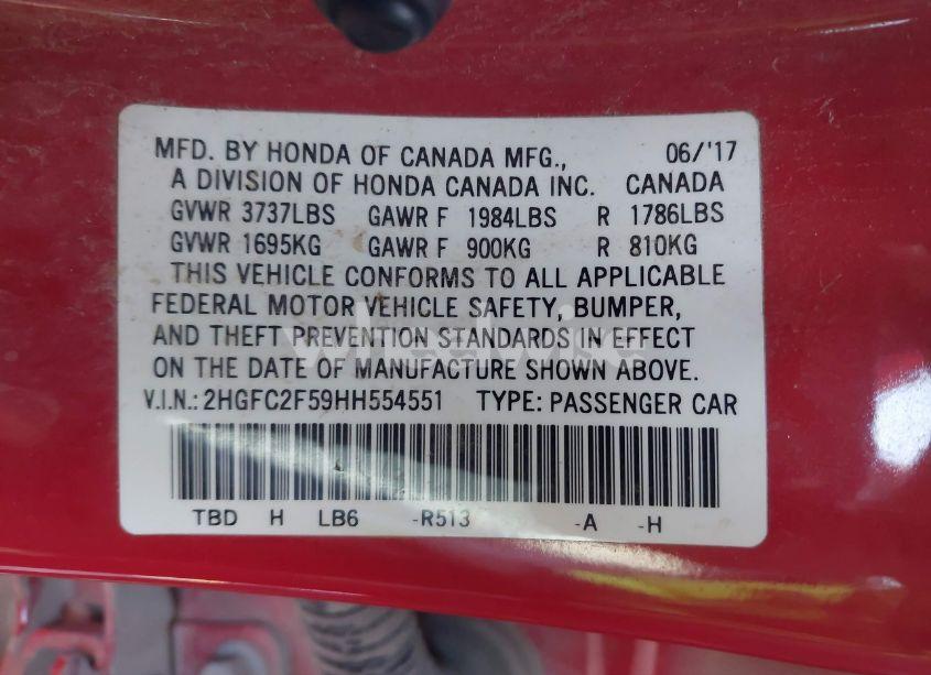 Photo 9 of 2017 Honda Civic LX (VIN 2HGFC2F59HH554551)