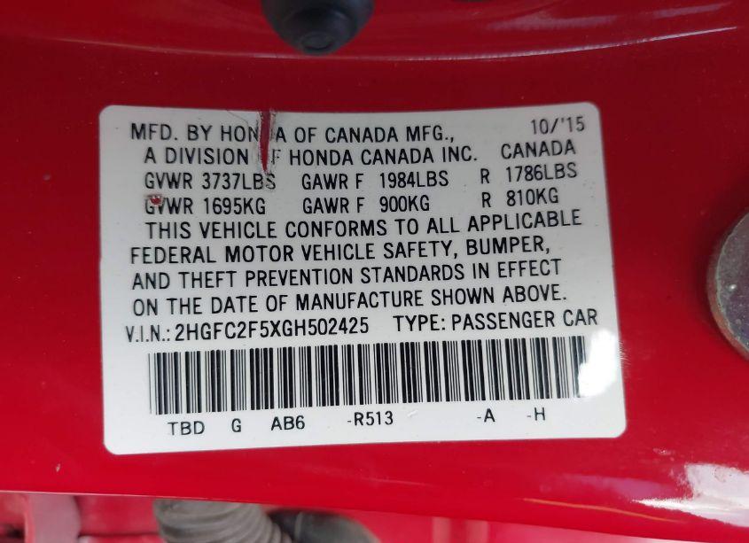 Photo 9 of 2016 Honda Civic LX (VIN 2HGFC2F5XGH502425)