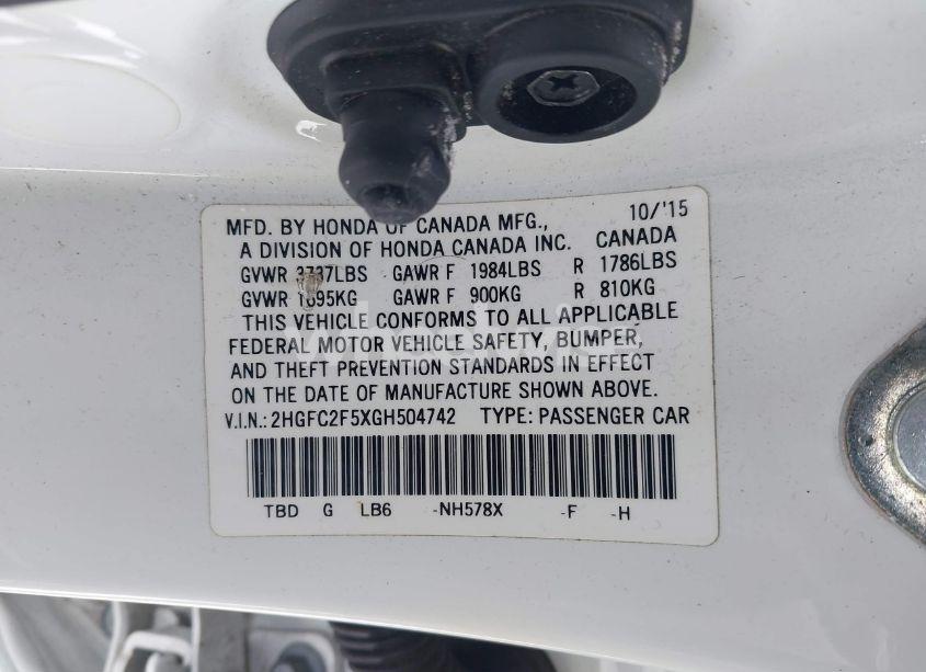 Photo 9 of 2016 Honda Civic LX (VIN 2HGFC2F5XGH504742)