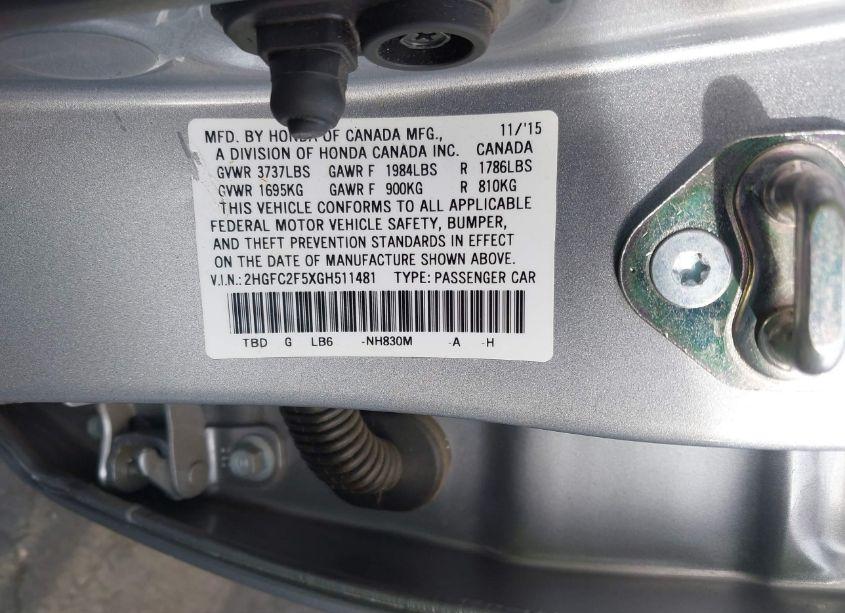 Photo 9 of 2016 Honda Civic LX (VIN 2HGFC2F5XGH511481)
