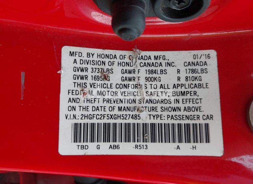 Photo 9 of 2016 Honda Civic LX (VIN 2HGFC2F5XGH527485)