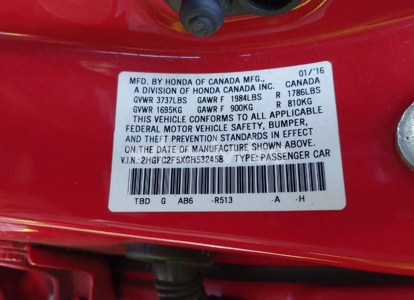 Photo 9 of 2016 Honda Civic LX (VIN 2HGFC2F5XGH532458)