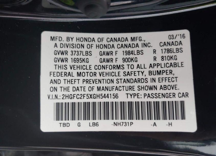 Photo 9 of 2016 Honda Civic LX (VIN 2HGFC2F5XGH544156)