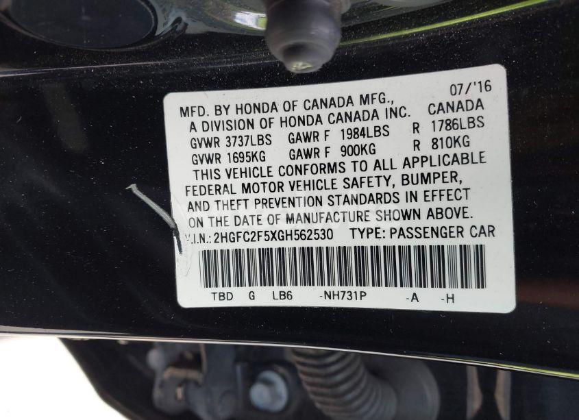 Photo 9 of 2016 Honda Civic LX (VIN 2HGFC2F5XGH562530)