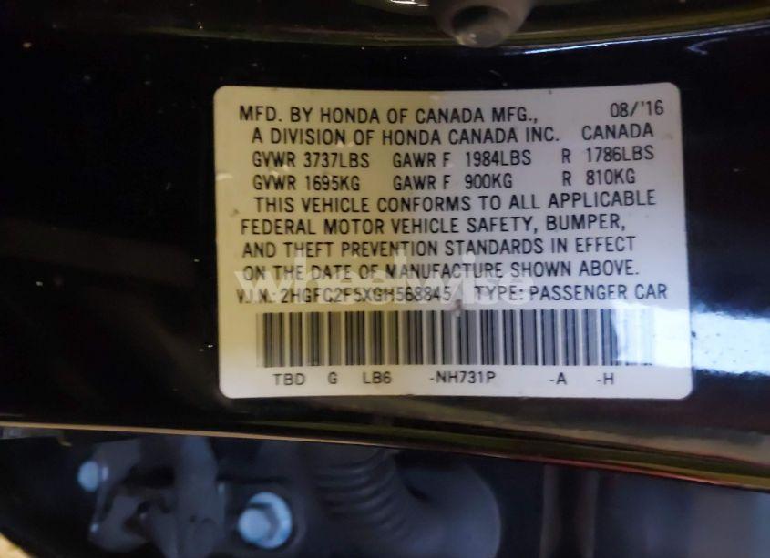 Photo 9 of 2016 Honda Civic LX (VIN 2HGFC2F5XGH568845)