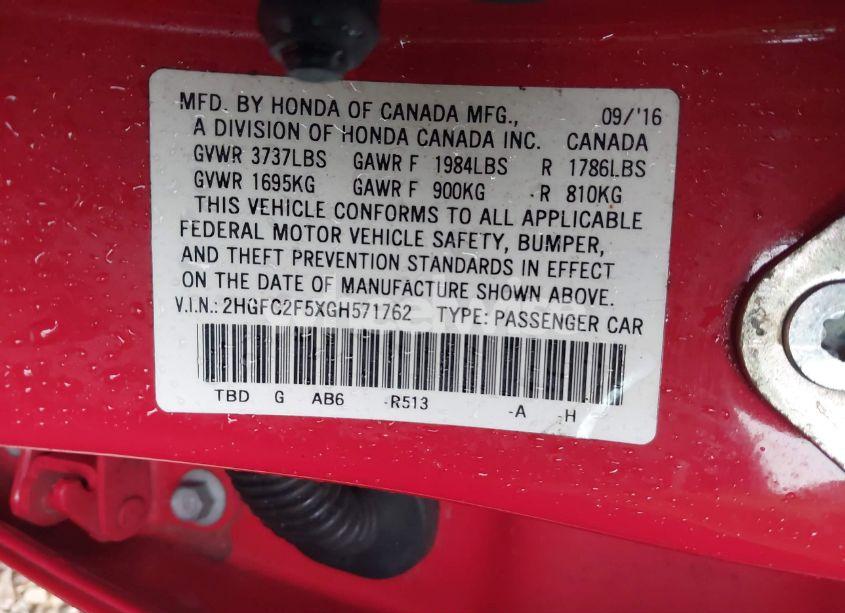 Photo 9 of 2016 Honda Civic LX (VIN 2HGFC2F5XGH571762)