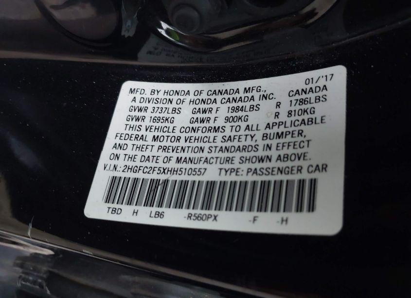 Photo 9 of 2017 Honda Civic LX (VIN 2HGFC2F5XHH510557)