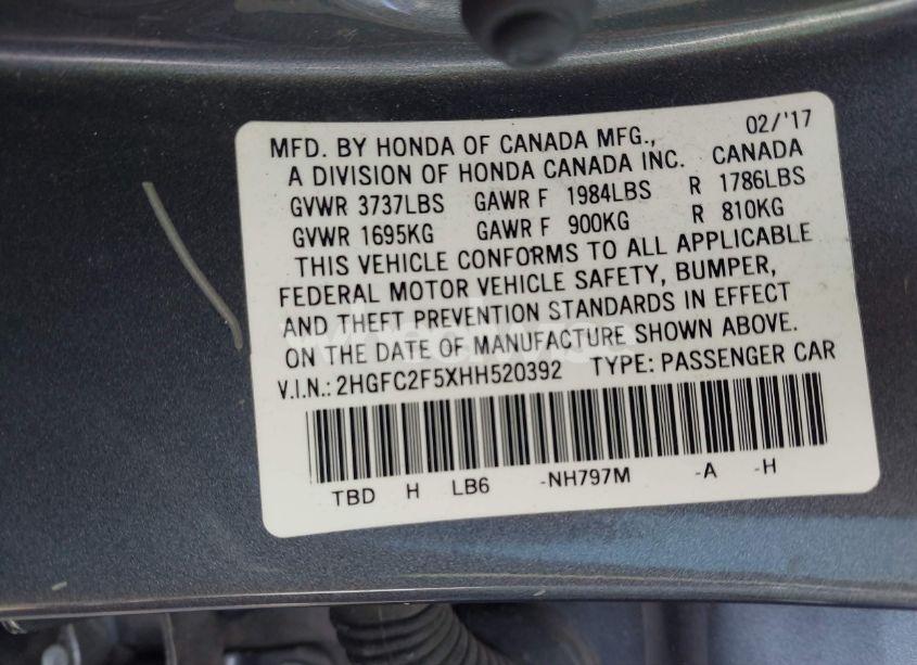 Photo 9 of 2017 Honda Civic LX (VIN 2HGFC2F5XHH520392)