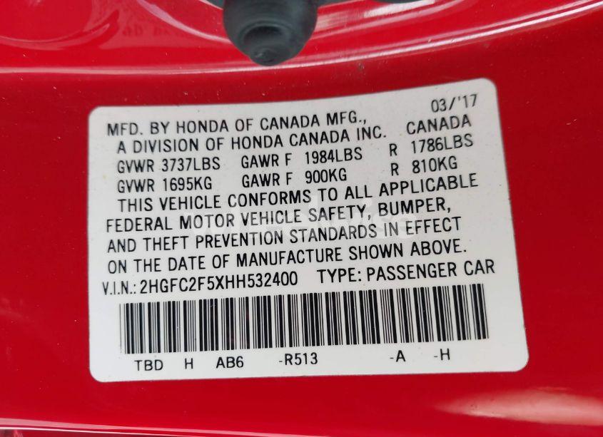 Photo 9 of 2017 Honda Civic LX (VIN 2HGFC2F5XHH532400)