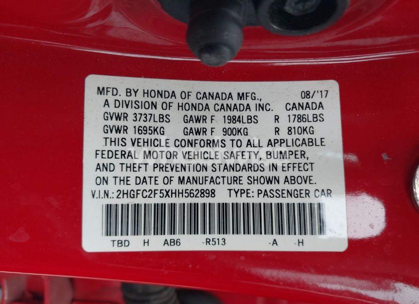 Photo 9 of 2017 Honda Civic LX (VIN 2HGFC2F5XHH562898)
