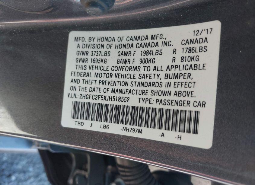 Photo 9 of 2018 Honda Civic LX (VIN 2HGFC2F5XJH518552)