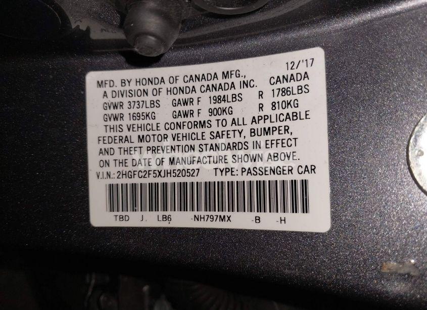 Photo 9 of 2018 Honda Civic LX (VIN 2HGFC2F5XJH520527)