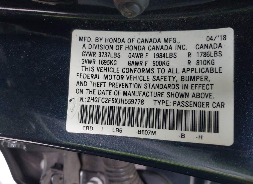 Photo 9 of 2018 Honda Civic LX (VIN 2HGFC2F5XJH559778)