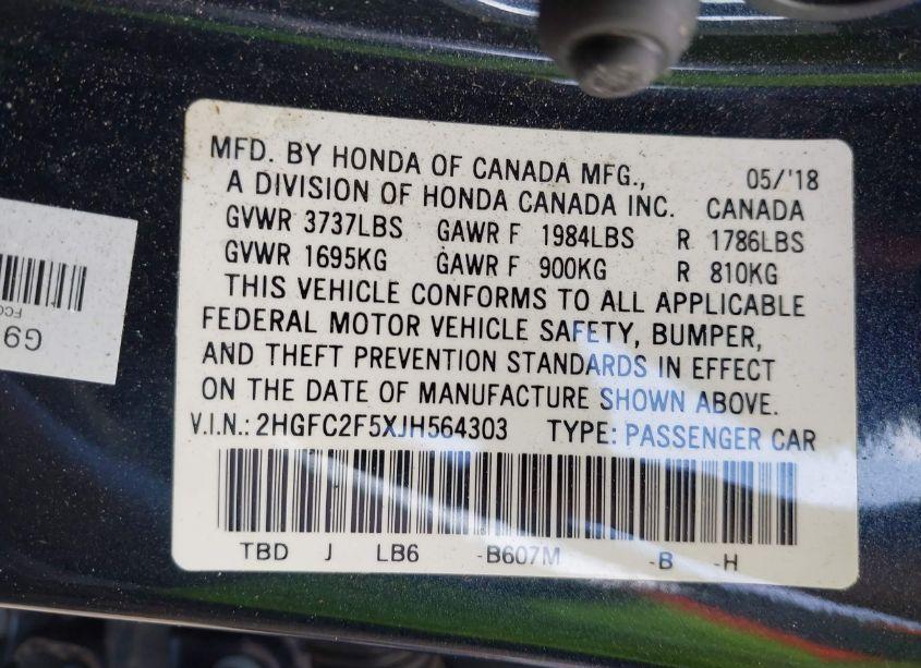 Photo 9 of 2018 Honda Civic LX (VIN 2HGFC2F5XJH564303)