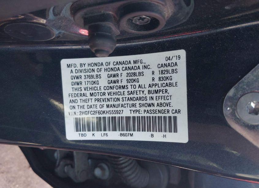 Photo 9 of 2019 Honda Civic LX (VIN 2HGFC2F60KH555927)